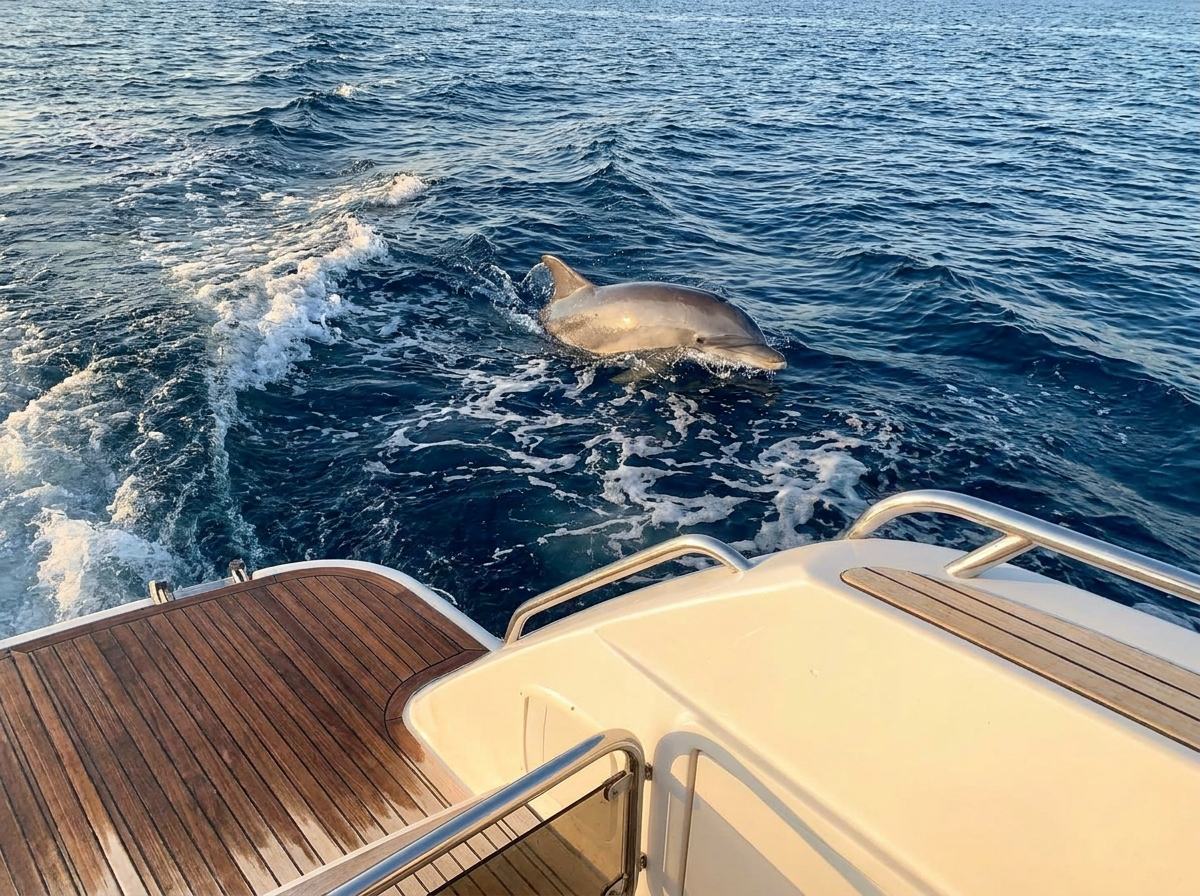 A dolphin breaking the ocean surface beside a yacht — marine life sharing the waters we survey