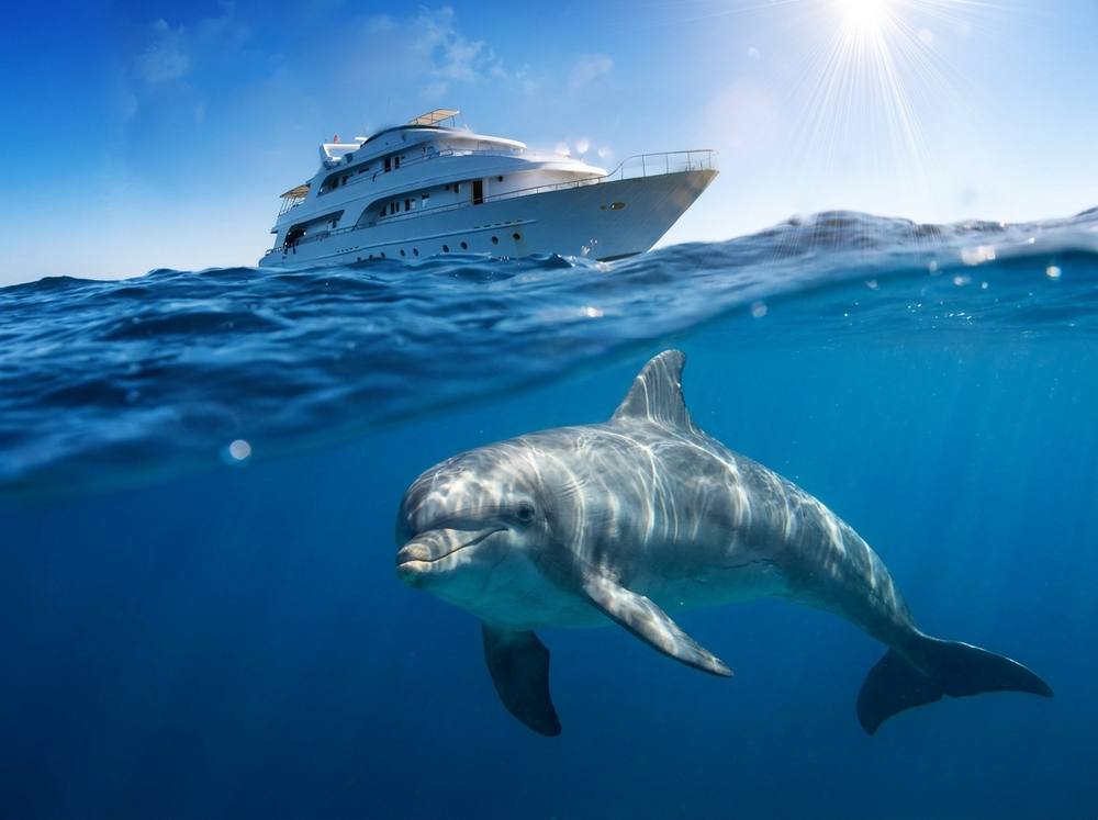 A dolphin swimming near a yacht in clear ocean water